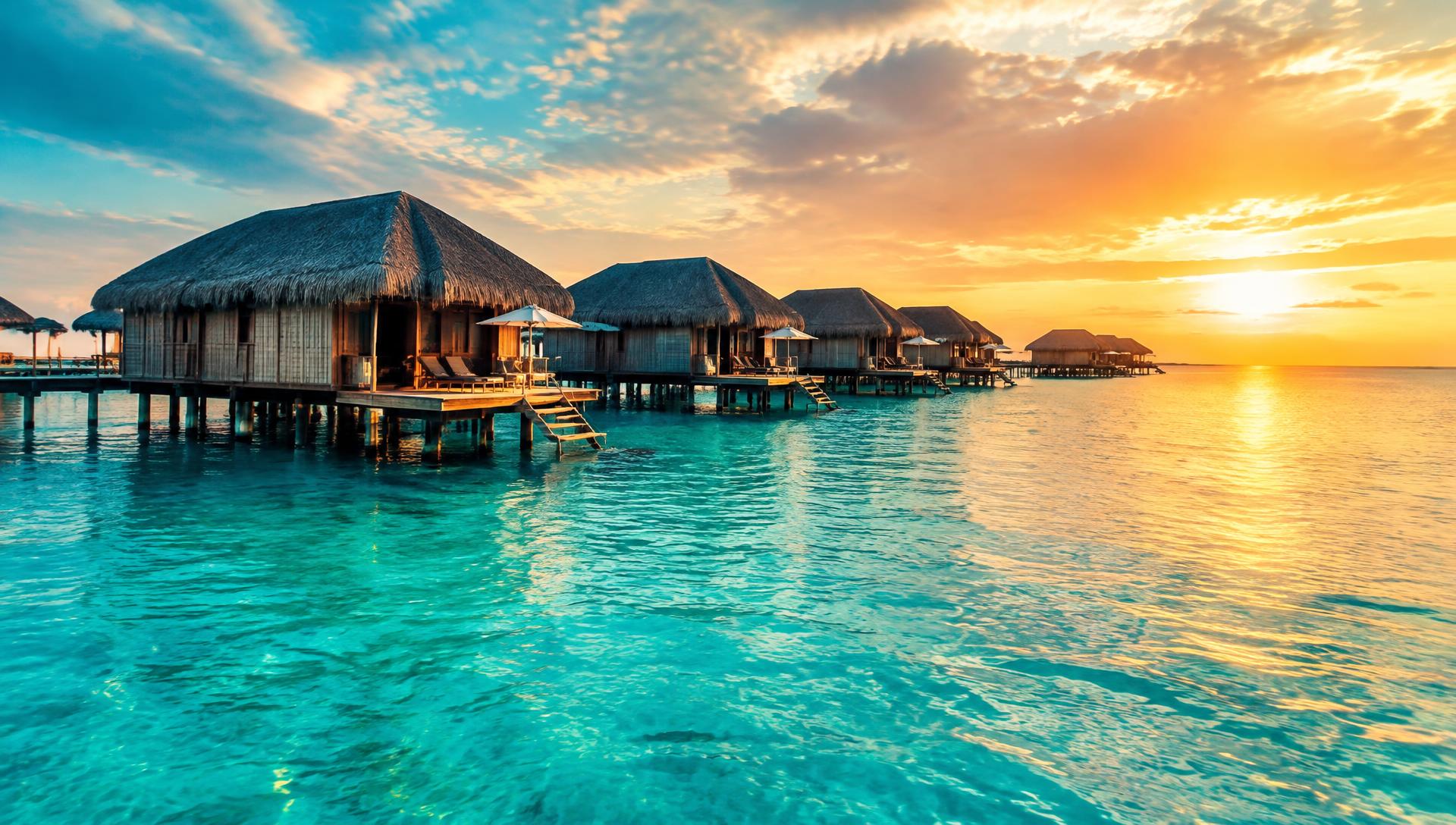 Overwater villas at sunset
